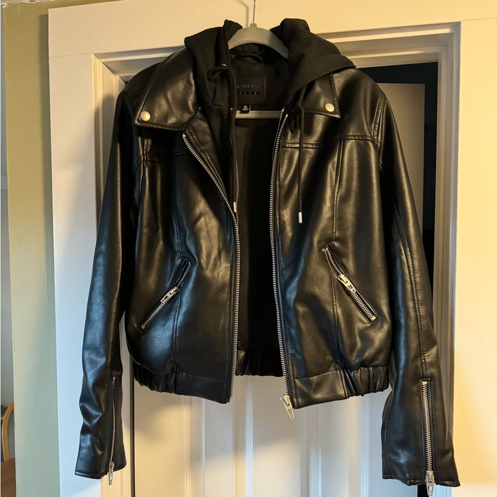 BlankNYC Faux leather bomber jacket with removable hood